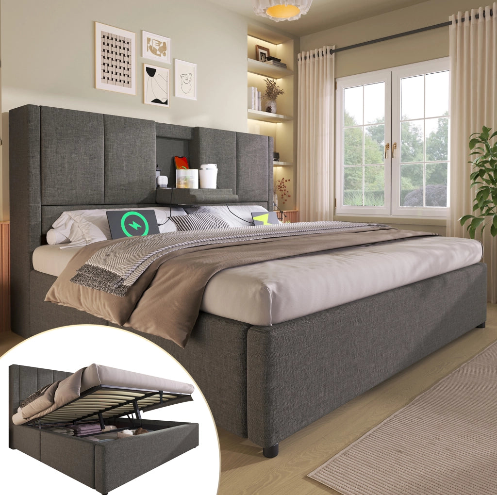 Letto matrimoniale imbottito 140x200 cm in lino grigio con contenitore; USB e portabicchieri