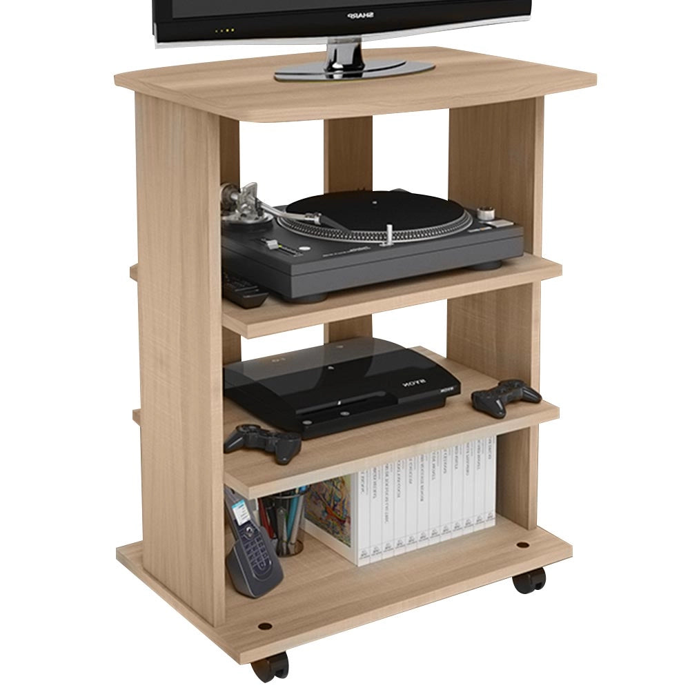 Mobile Multiuso in Legno Nobilitato 3 Ripiani e 4 Ruote Quercia 60x45 H80cm