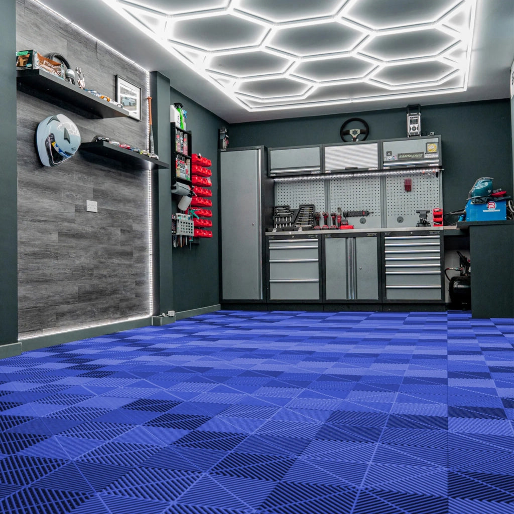 120 piastrelle modulari Blu + 14 luci LED esagonali 6500K e bordi.