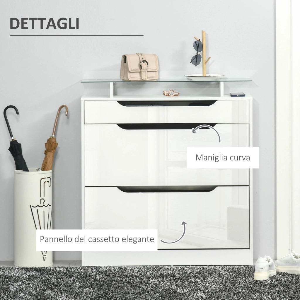 Scarpiera Salvaspazio Slim con 2 Ante a Ribalta e Cassetto. Scarpiera Ingresso in Vetro con Ripiani Regolabili su 2 Livelli. Porta Scarpe per 16 Paia con Maniglia. 89x23x96cm. Bianco Lucido