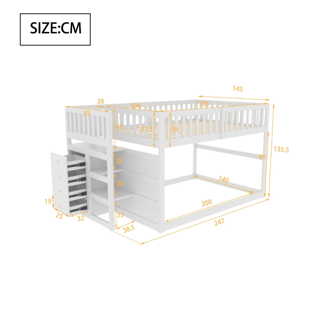 Letto a castello 140x200 cm con scala e sponde alte in legno bianco