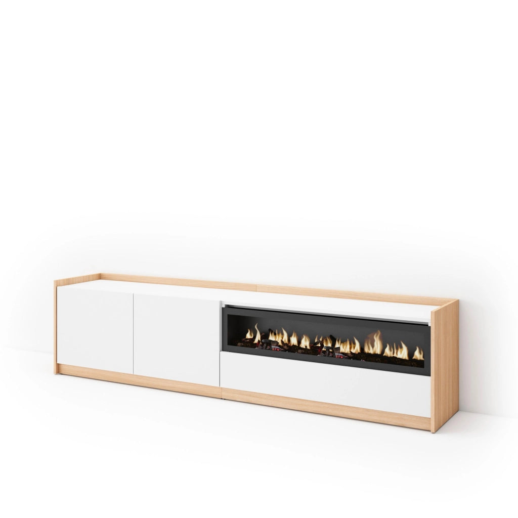 Mobile TV Soggiorno, 207x50x37 cm, Per TV fino a 80", Camino elettrico, Bianco e Rovere soft