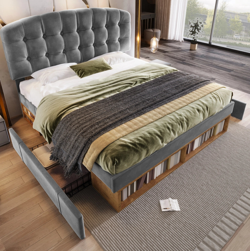 Letto imbottito grigio 140 x 190 cm con testiera regolabile e contenitori