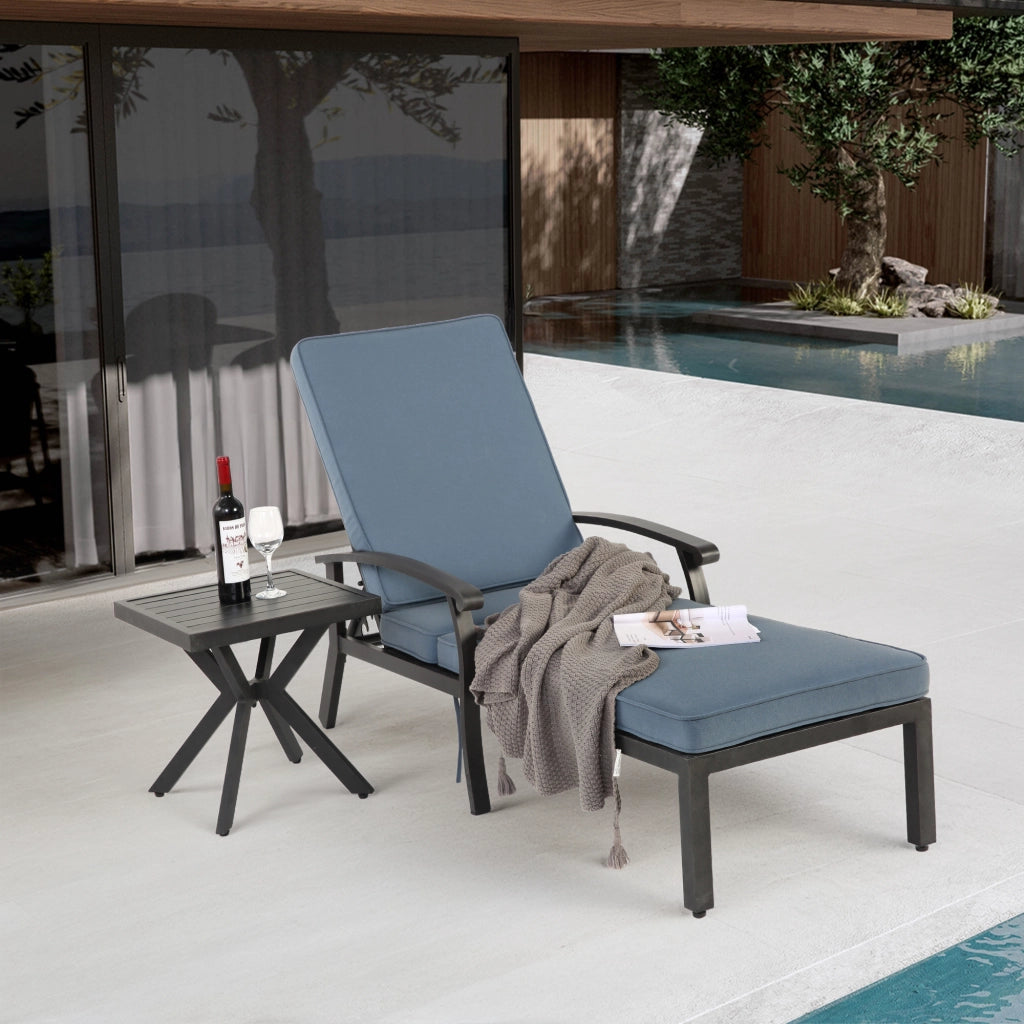 Lettino Prendisole Da Esterno Schienale Regolabile In 5 Posizioni con Cuscino Intreccio Incrociato in Alluminio Blu 204 × 58 × 100 cm