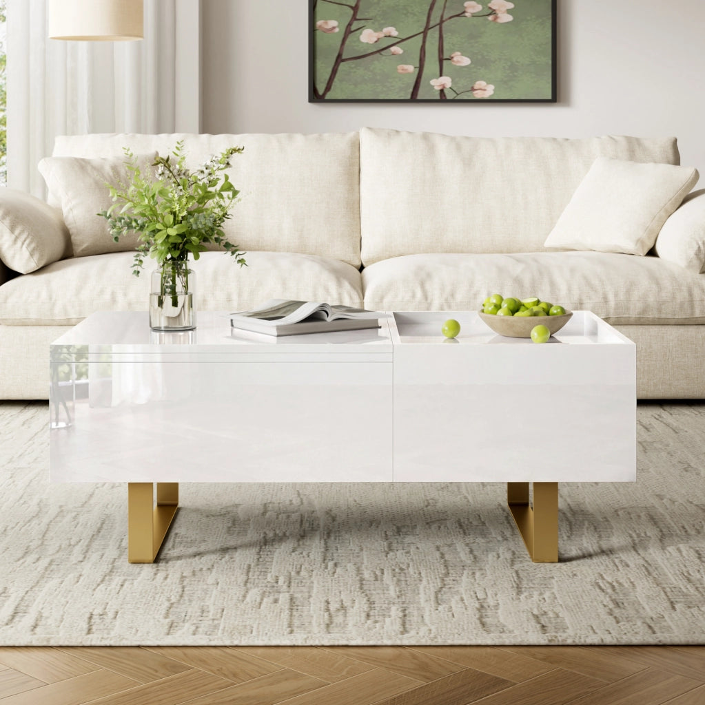 Tavolino da salotto 100x50x54.5 cm regolabile in altezza con cassetto e vano contenitore in MDF bianco