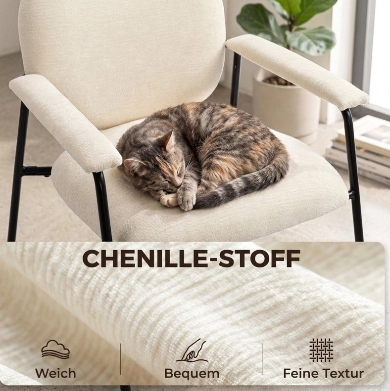 Set di 2 Poltrone Moderne in Chenille Crema con Struttura in Metallo Nero