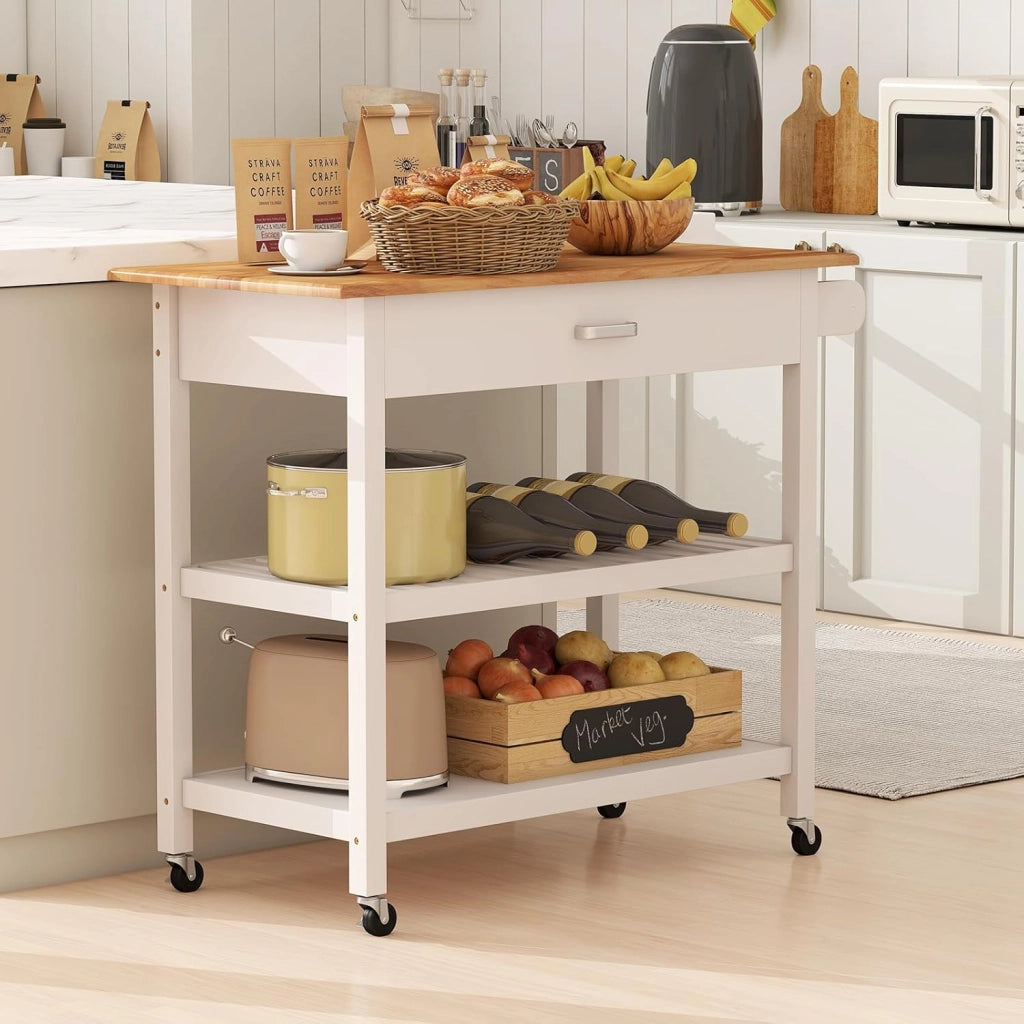 Carrello da Cucina Salvaspazio con Ruote, Mobiletto Cucina con Piano in Legno, Cassetto, 2 Ripiani Aperti, Carrello da Portata per Sala da Pranzo, 106 x 50 x 89 cm (Bianco)