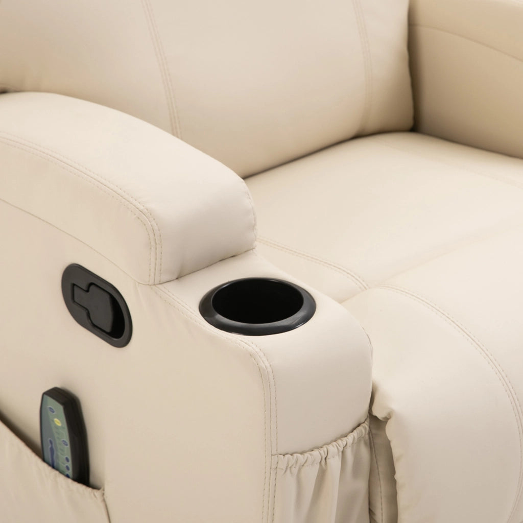 EasyComfort Poltrona Relax Elettrica Reclinabile Girevole con 2 Portabicchieri, Telecomando, Poggiapiedi e 4 Tasche Laterali, in Pelle PU, Legno e Acciaio, Crema
