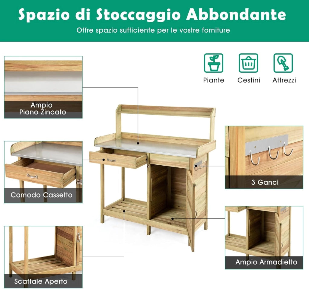 Tavolo Lavoro per Giardinaggio per Piante in Legno di Abete, Banco da Giardino con Cassetto, Armadietto, Mensola Aperta e 3 Ganci, Tavolo di Giardinaggio, 112 x 46 x 125 cm, Naturale