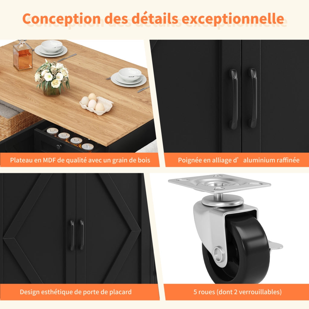 Carrello da Cucina con 2 Cassetti e Ripiani su 2 Lati Piano Pieghevole con Ruote in MDF Nero