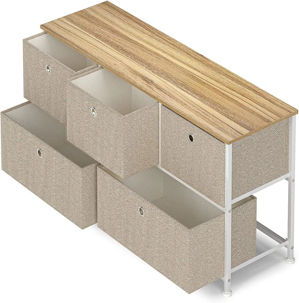 Cassettiera con 5 Cassetti in Tessuto Comodino Basso Design Organizer Pratico Metallo Armadietto Multiuso per Ingresso Camera da letto Cucina Corridoio Soggiorno in Legno e Acciaio Bianco e Beige