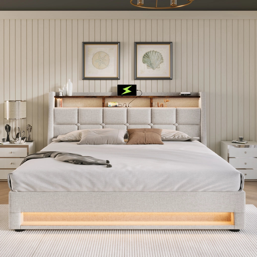 Letto imbottito 140x200 cm; LED e USB; lino beige (Senza materasso)