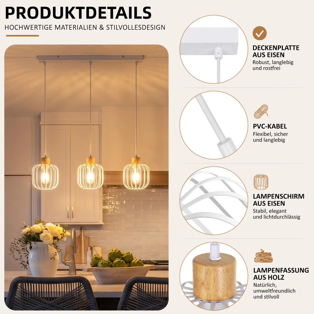 ZMH Lampada a Sospensione 3 Luci Bianco Legno E27 Moderna per Cucina Soggiorno Camera Isola Senza Lampadina