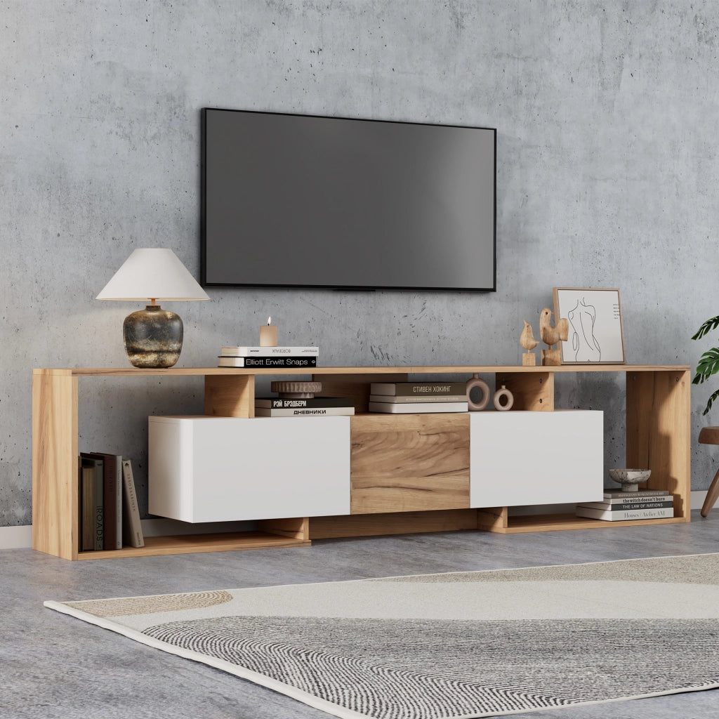 Mobile TV moderno 180x30x49 cm con 2 ante a ribalta, 1 anta e 3 vani aperti, bianco e effetto legno naturale