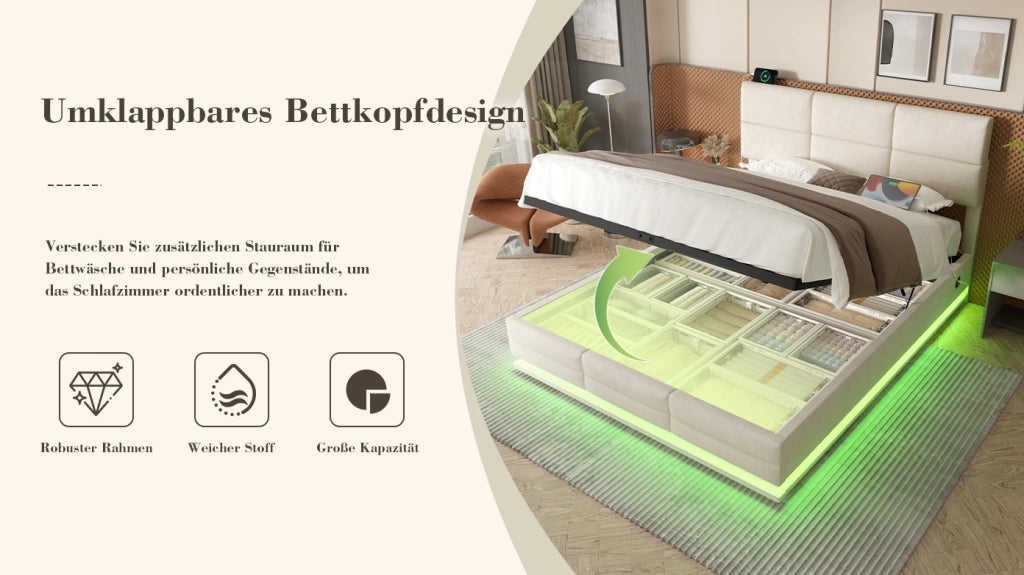 DESMIU Letto 160 × 200 cm 2 posti con USB, Type-C, LED regolabile e testiera regolabile senza materasso in velluto beige