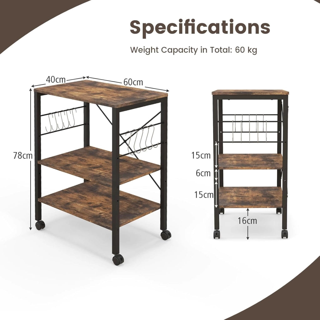 Carrello da Cucina con Rotelle, Carrello a 3 Livelli con Ripiani Regolabili e 10 Ganci a S, Carrello di Servizio in Legno e Metallo, Carrello Multiuso per Ufficio Cucina (Industria)
