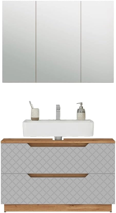 Set di mobili da bagno Lotta, Rovere/grigio con struttura in piastrelle, 2 parti