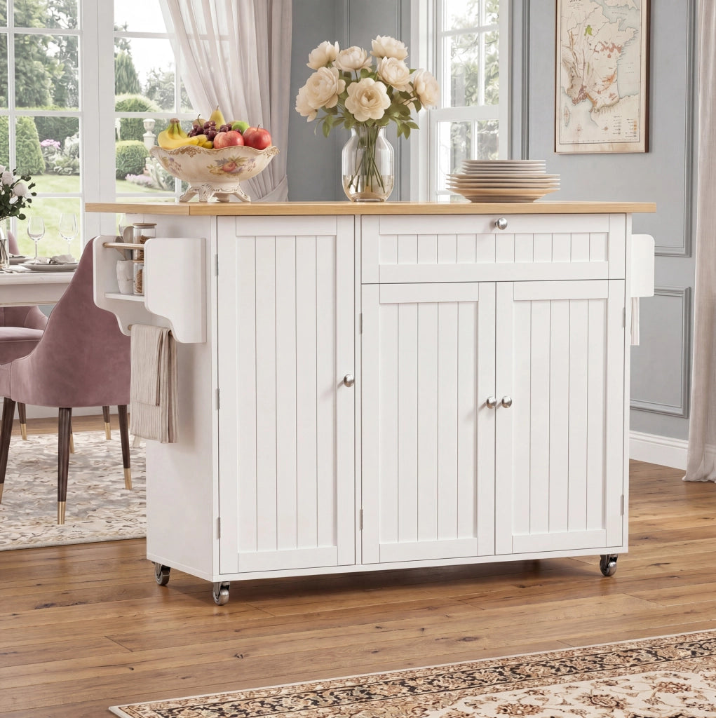 Carrello cucina 120x45(70)x92 cm con piano ribaltabile in MDF naturale e bianco