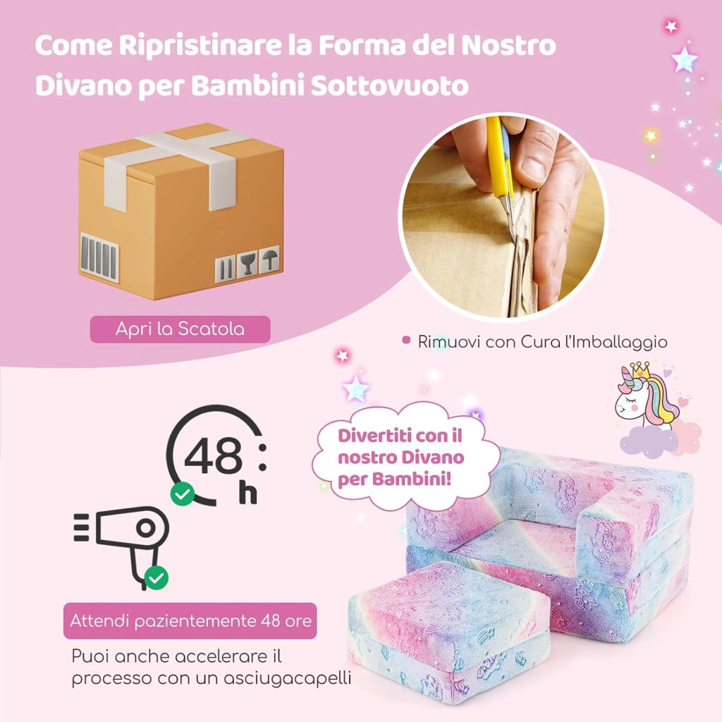 Divano Pieghevole per Bambini 5 in 1 Brilla al Buio, Poltrona Modulare con Cuscino, Fodera Lavabile in Lavatrice e Riempimento in Schiuma (Unicorno Arcobaleno)
