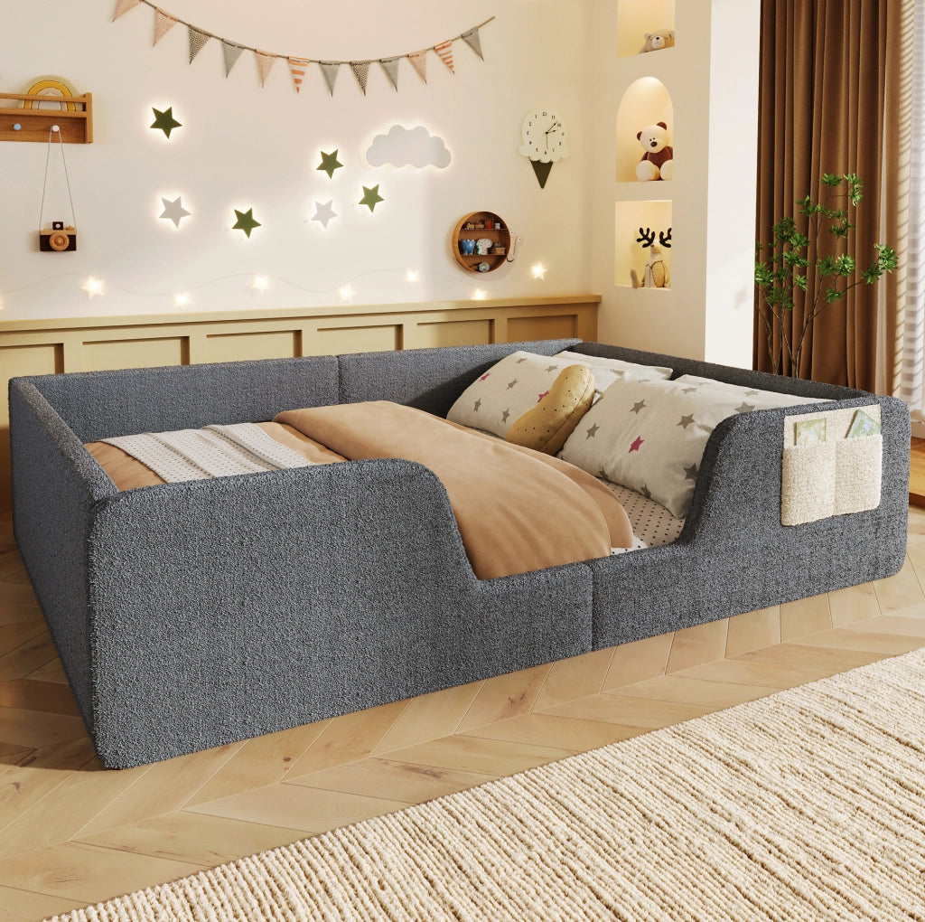 Letto imbottito per bambini 140 x 190 cm in velluto grigio con sponde rimovibili