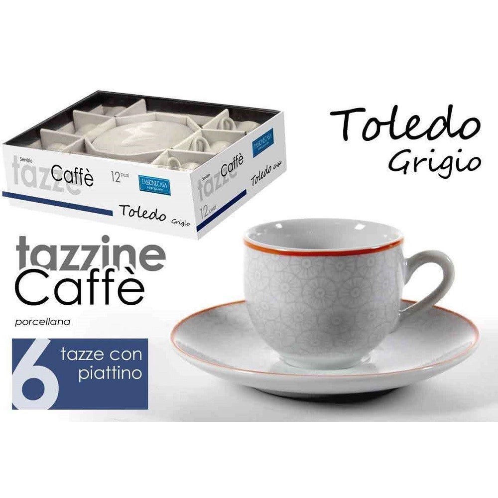 Trade Shop - Set 6pz Tazzine Caffè + 6 Piattini Tazzina Classico Moderno Toledo Grigio 720352 -