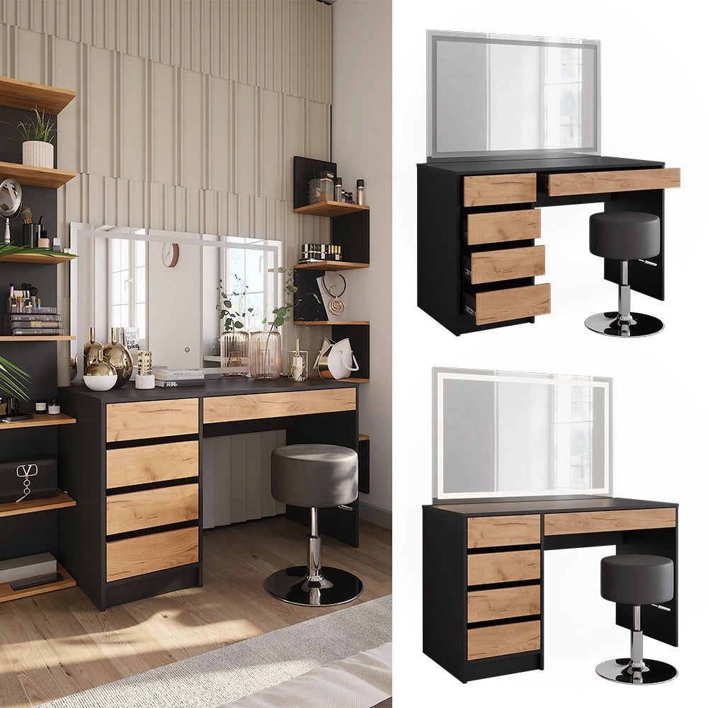 Vicco Tavolo da toilette Antracite/quercia dorata 120 x 75 cm con specchio LED e sgabello