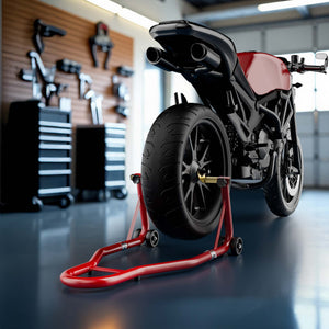 Cavalletto alzamoto posteriore sotto forcella, max 450 kg, con rotelle, per ruote posteriori