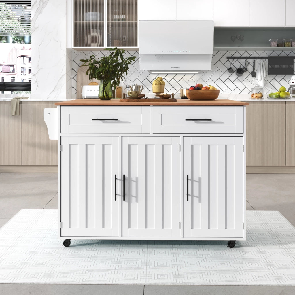 Isola da Cucina Mobile 129x46/71x91;5 cm Bianca con Piano Effetto Marmo; 2 Cassetti; Ripiani e Ruote