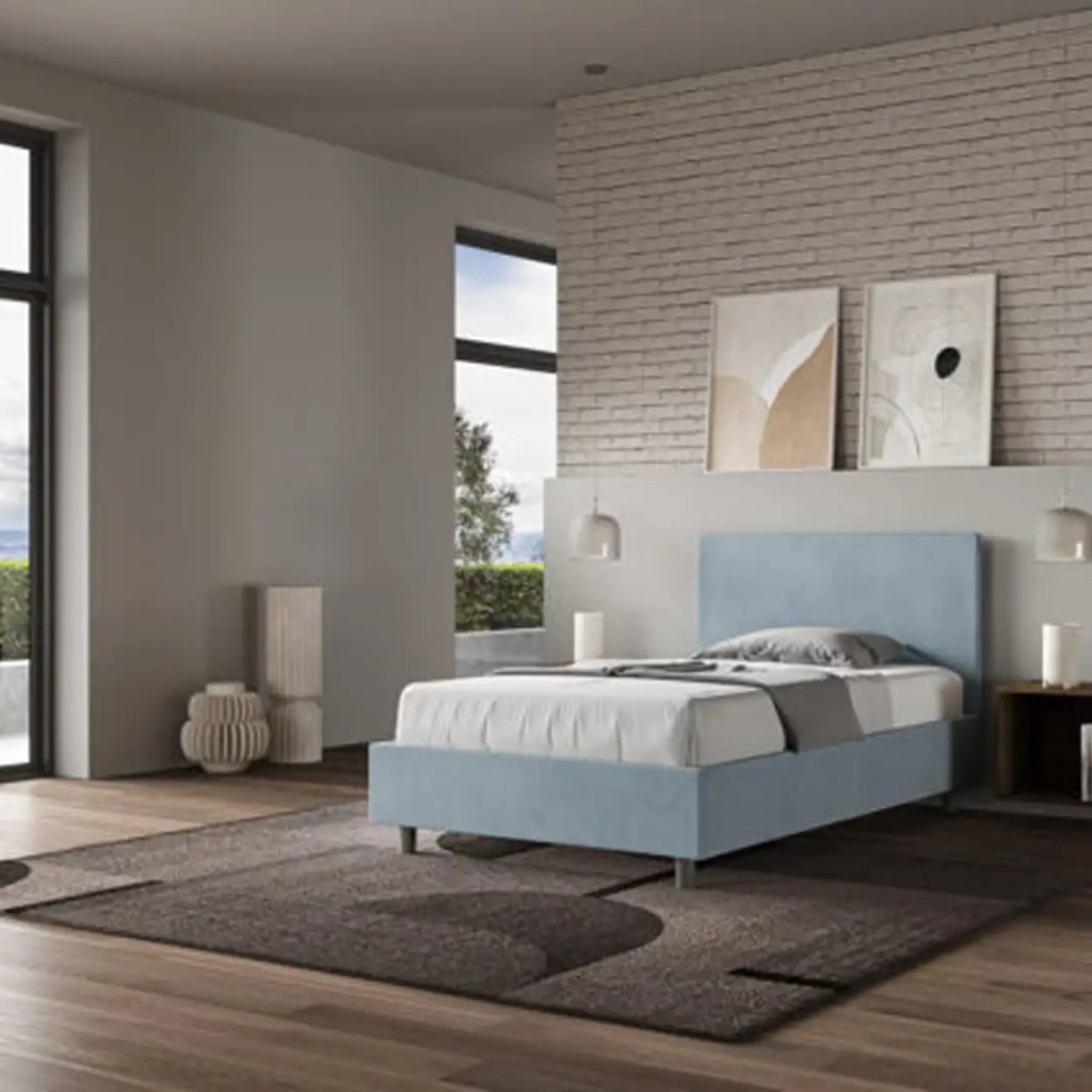 Letto una piazza e mezza senza rete imbottito 120x190 microfibra azzurro Adele