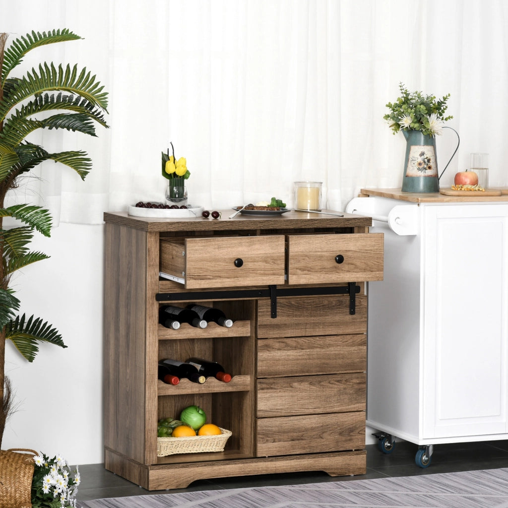 EasyComfort Mobile da Cucina Rustico con 2 Cassetti, Ripiani Aperti e Portabottiglie, Credenza Buffet in Legno e Metallo, 80x39x86 cm, Color legno