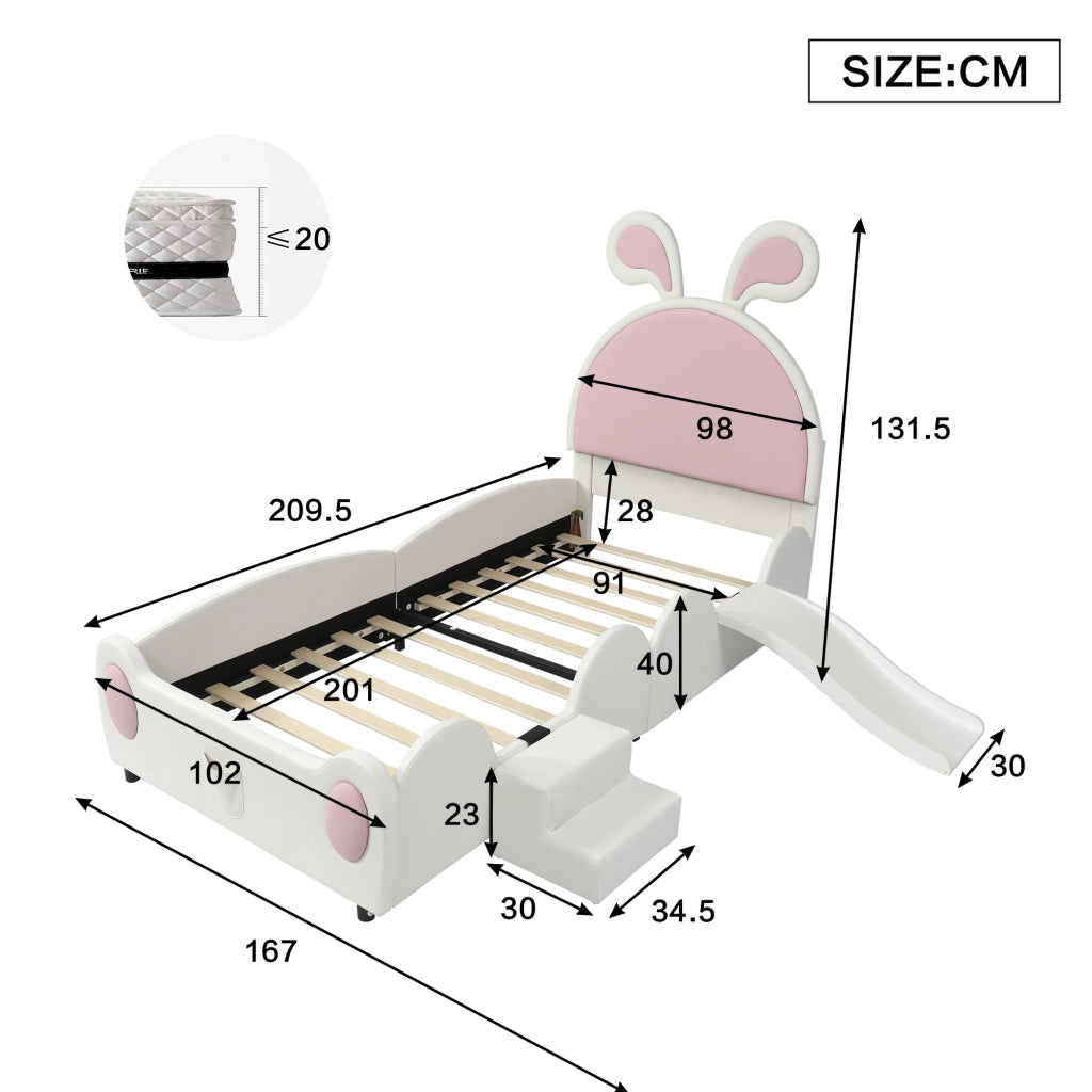 OKWISH Letto Bambino 90×200 cm, Letto Singolo con Scivolo, Scaletta e Tasca Portaoggetti, senza Materasso, in PU, Bianco e Rosa