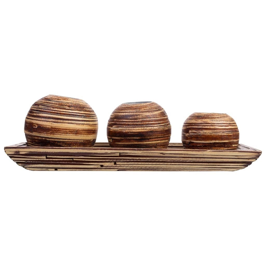 Set vassoio e 3 portacandele in legno di bambù marrone 33x13x3h cm