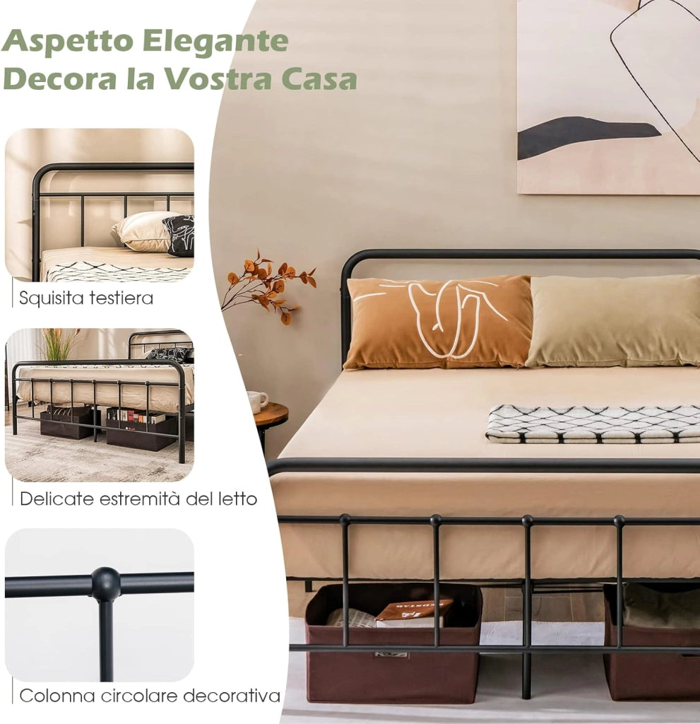 Struttura del Letto in Metallo, Telaio da Letto con Testiera e Pediera, Piattaforma Letto con Doghe in Acciaio, Carico Massimo 300kg (200cm x 160cm)