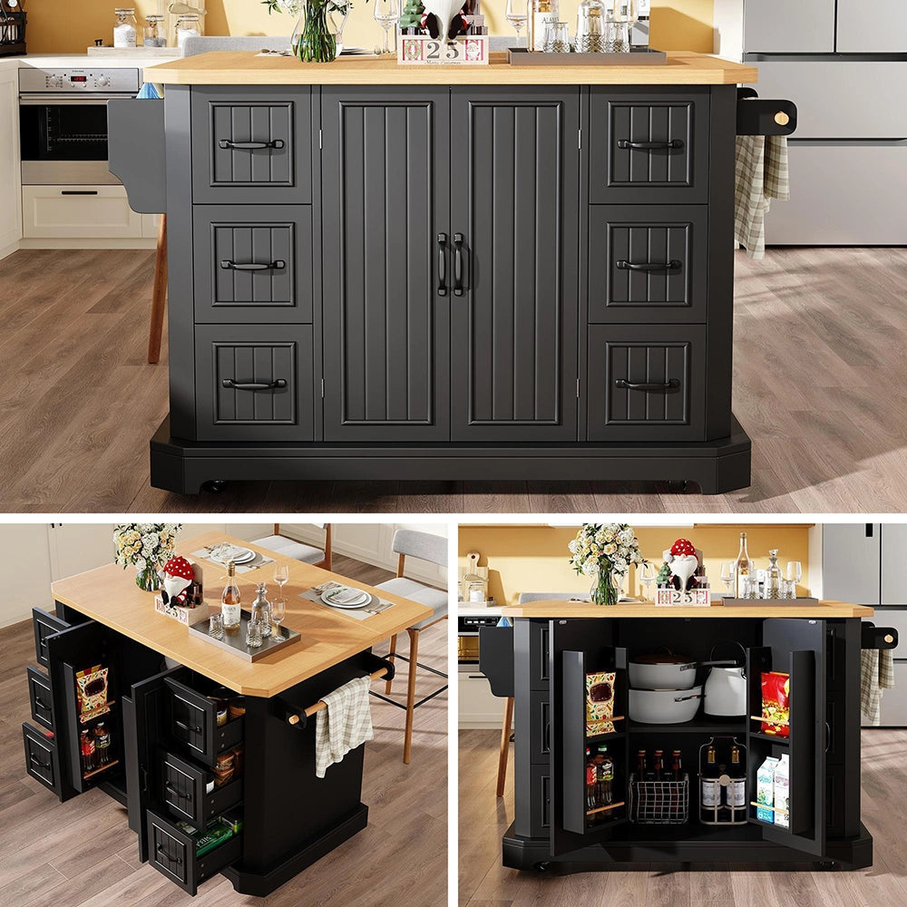 Isola cucina mobile - Xylo - 120x45x91 cm - Bianco/Nero - 2 porte 6 cassetti ruote