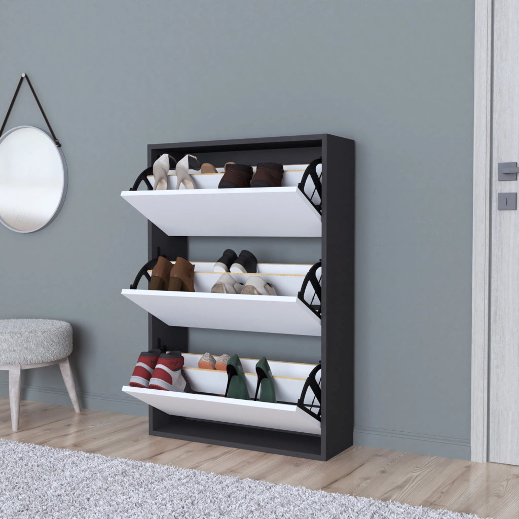 Scarpiera Salvaspazio Slim con 3 Contenitori Ribaltabili Portascarpe Stretto da Ingresso Capienza 18 Paia 110 x 73,5 x 24 cm - Antracite / Bianco [en.casa]