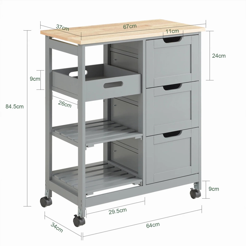 Carrello Cucina Credenza da Cucina o Bagno con 3 cassetti e 1 Cestino L68*P38*A85 cm colore grigio FKW79-HG