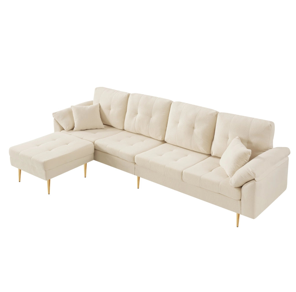 Divano 4 posti 250x70x87 cm con pouf separato configurabile a L; velluto a coste beige chiaro
