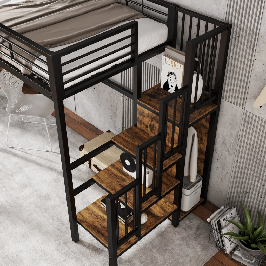 DESMIU Letto a soppalco 1 posto con scala laterale, armadio e scrivania 90 × 200 cm, senza materasso