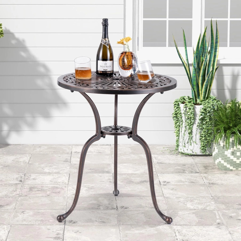 Tavolo da bistrot per esterni, φ61 cm, con foro per ombrellone e poggiapiedi regolabili, resistente alle intemperie, balcone in alluminio pressofuso