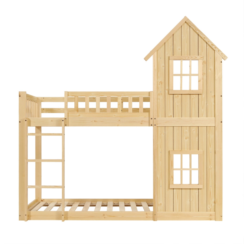 Letto a castello 90x200 cm con scala e finestre in legno di pino e MDF colore naturale