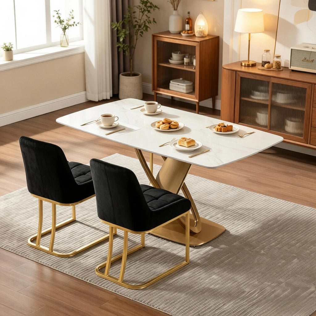 Sedia da Pranzo Set da 2 con Schienale Ergonomico e Piedini Regolabili in Metallo e Velluto Nero
