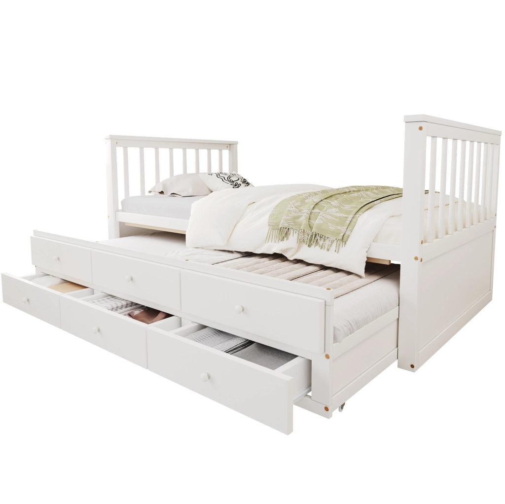 Letto a una piazza 90x200 cm con cassetti e letto estraibile in pino e MDF bianco