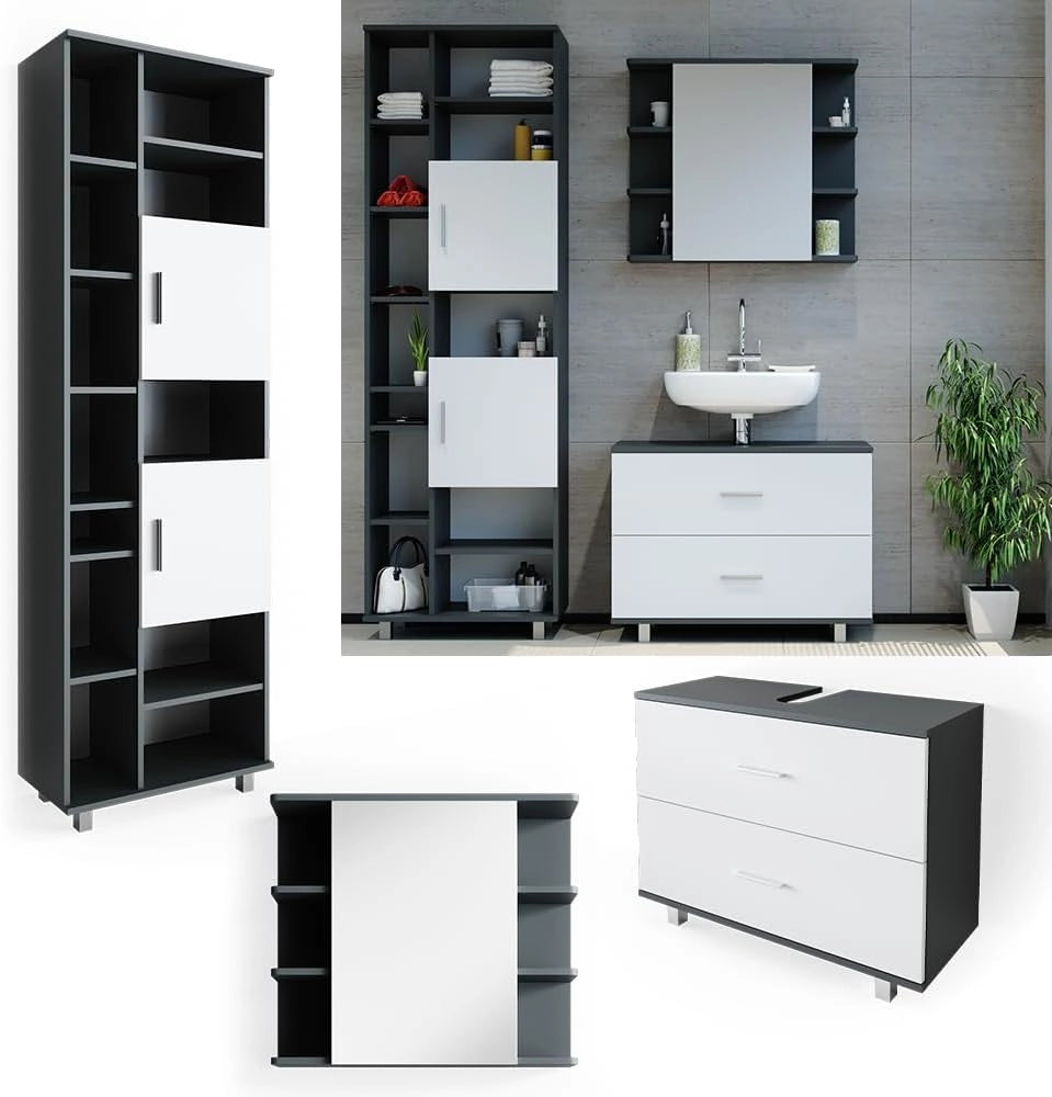 Set mobili bagno Ilias, Bianco/antracite, 80.2 cm, composto da mobile sottolavabo, specchiera e colonna alta