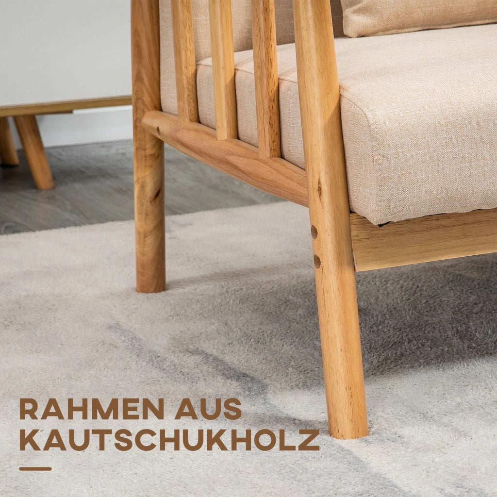 Divano a 2 posti con cuscini, struttura in legno massello e stile rustico, beige 123 × 69 × 74 cm