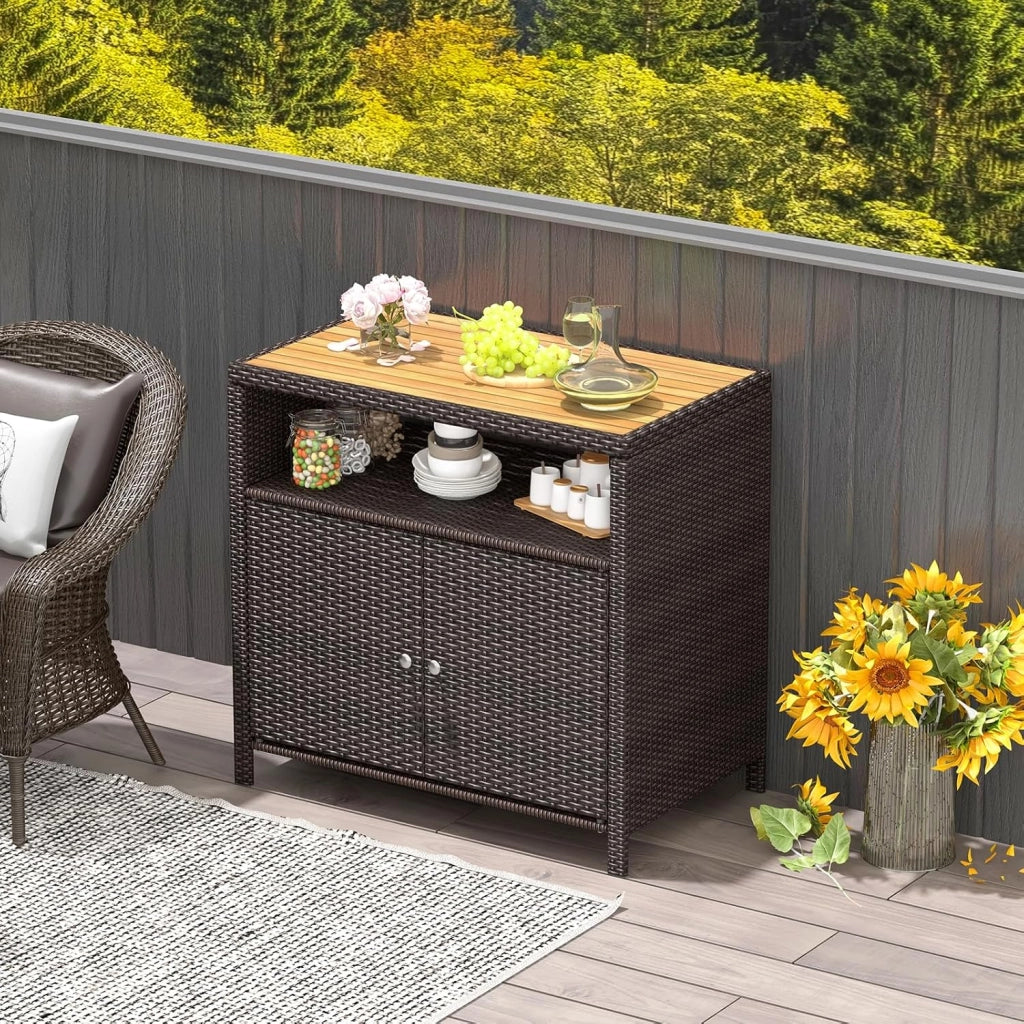 Armadio da Esterno Impermeabile in Rattan, Armadietto Basso con Piano di Lavoro in Legno e Ripiano Aperto, Credenza da Cucina, Balcone, Giardino, Corridoio, 90 x 53 x 86 cm (Marrone)