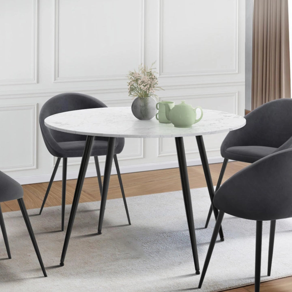 Tavolo da pranzo rotondo per 4 persone AMELIA con gambe in metallo nero effetto marmo bianco ALASKA 110 cm