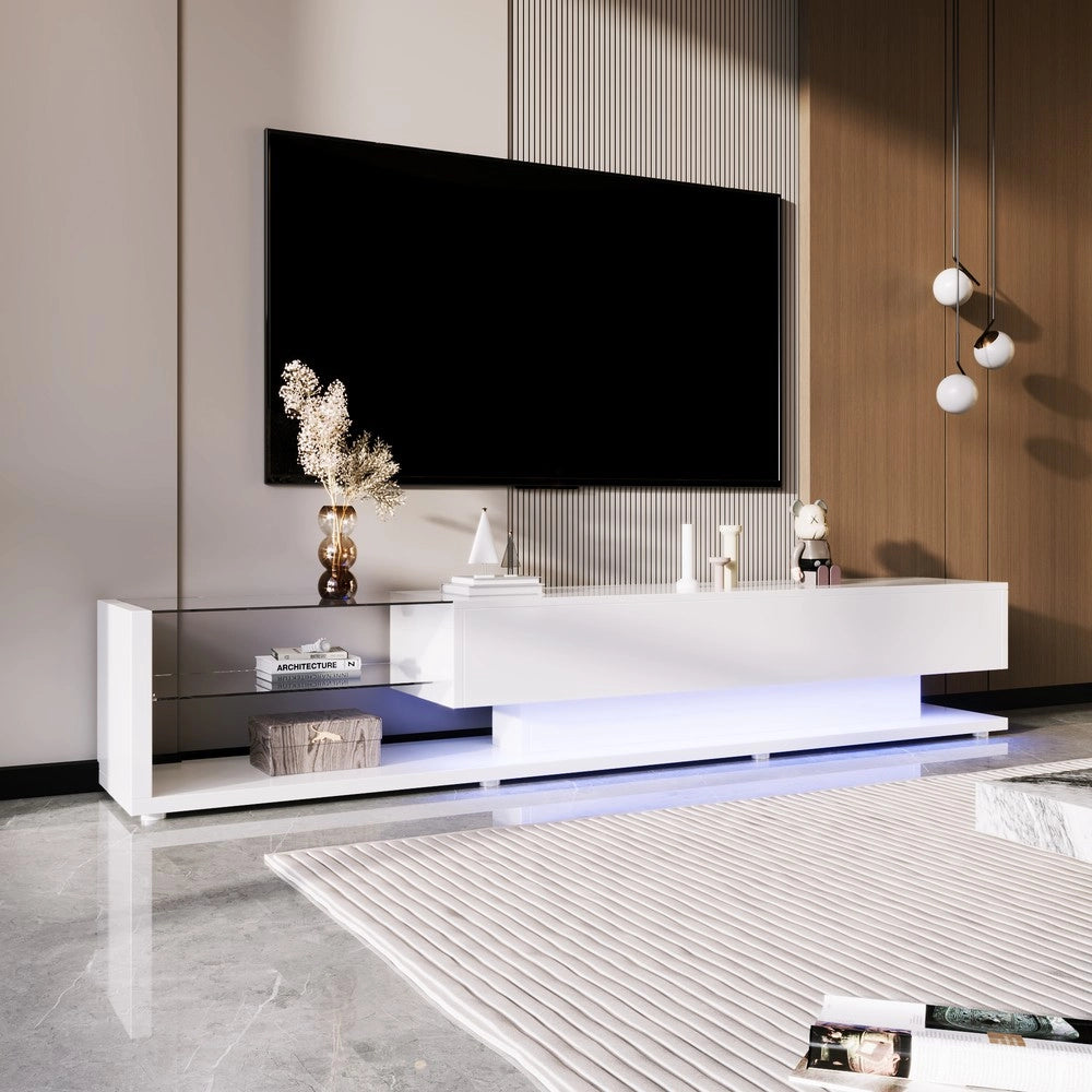 Mobile TV con LED ¨C Xylo ¨C Bianco Lucido, Vetro, Design Rustico Moderno