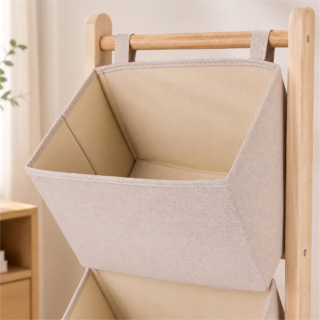 Mobiletto Portaoggetti Con 3 Cestini in Tessuto, Struttura in Legno, Organizer Salvaspazio 35 x 35 x 101,5 cm per Camera, Soggiorno e Cameretta, Beige