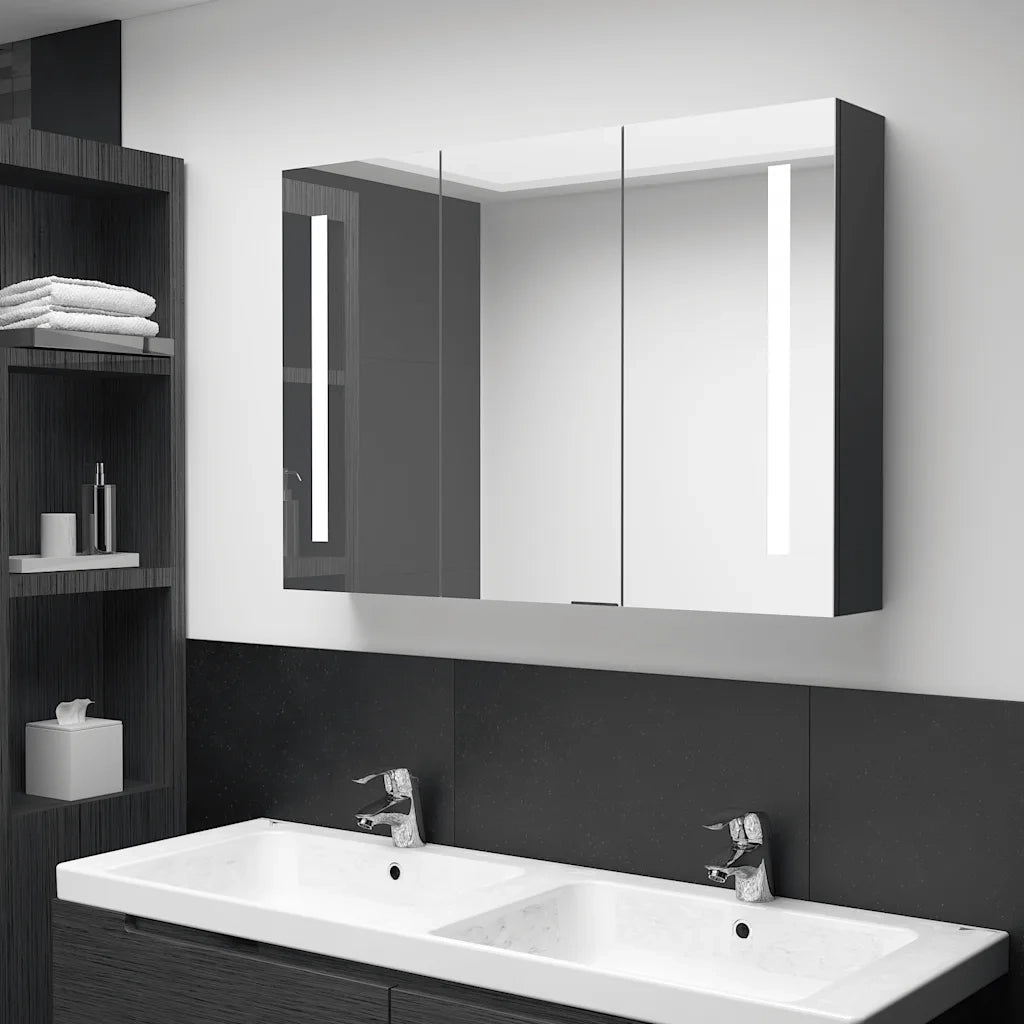 Armadietto Bagno | Armadio da bagno con Specchio e LED Nero Lucido 89x14x62 cm