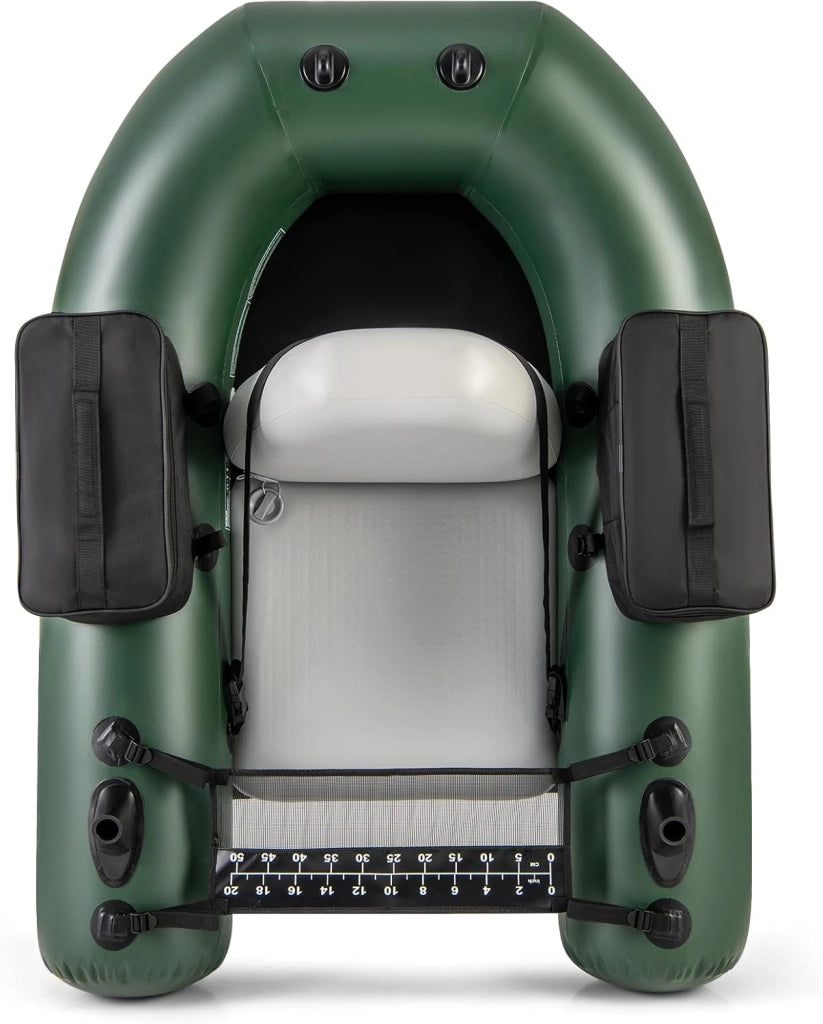 Belly Boat da Pesca, Gommone Gonfiabile da Pesca con 2 Porta Canne, Pompa, Borsa di Trasporto e Kit di Riparazione, Barca da Mare con Compatibile con Motore Fuoribordo, capacità 100kg